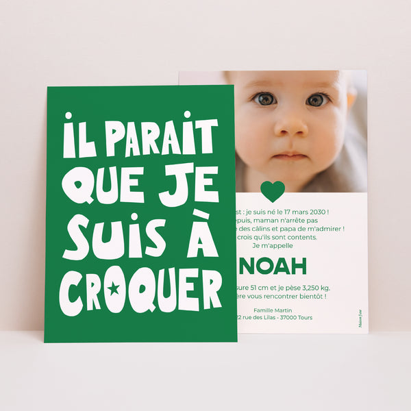 Faire-part Naissance Portrait à croquer vert photo
