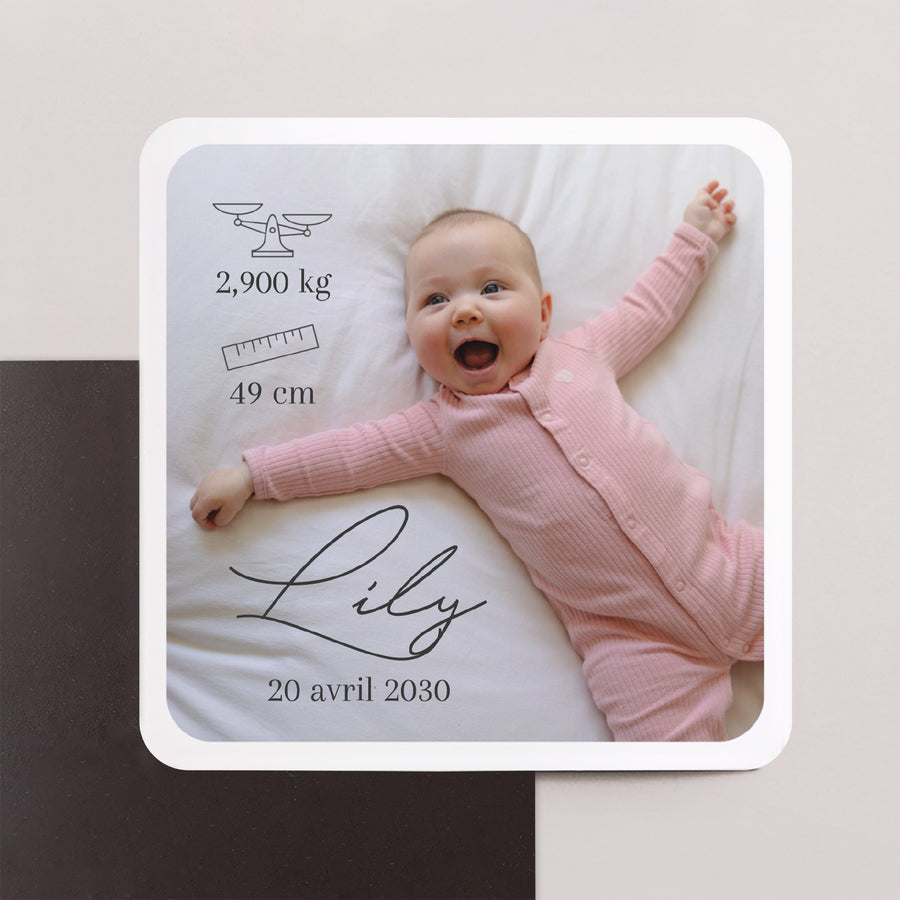 Faire-part Naissance Lot de 8, magnétique, carré coins arrondis Belle comme un cœur photo