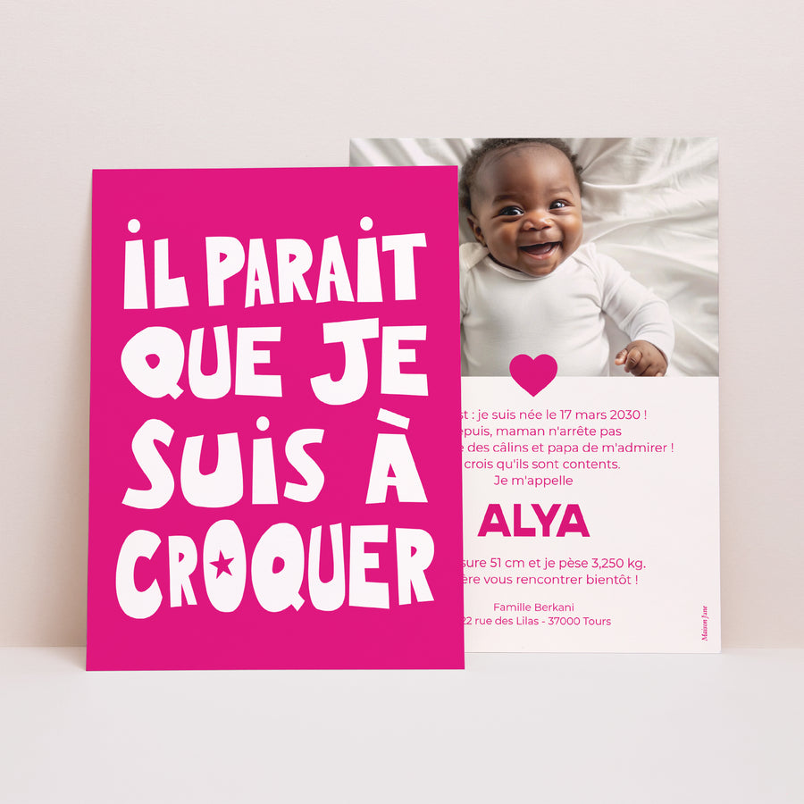 Faire-part Naissance Portrait à croquer rose photo