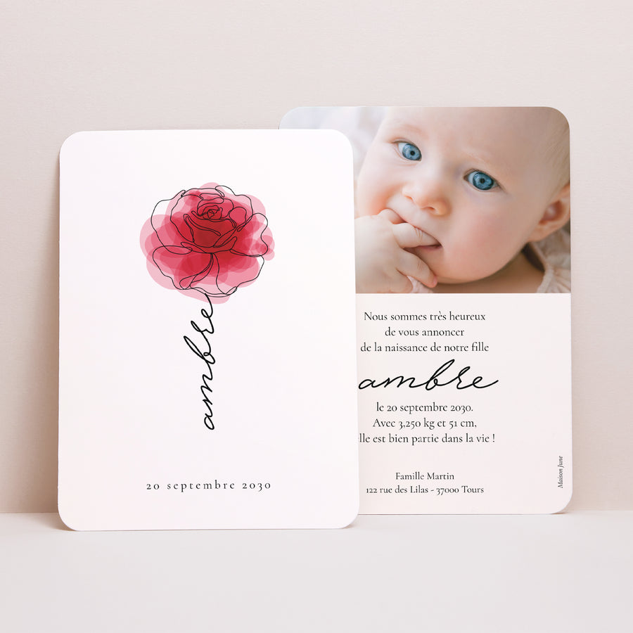 Faire-part Naissance Portrait, bords arrondis Jolie rose photo