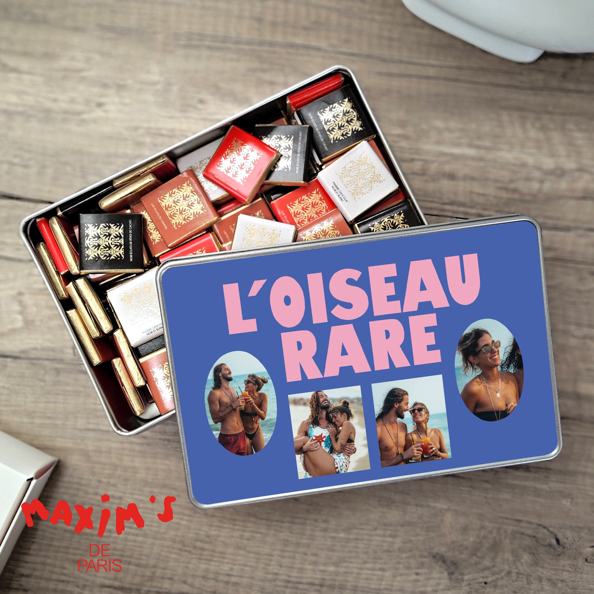 Boite métallique rectangle, garnie de chocolats L'oiseau rare photo N° 1