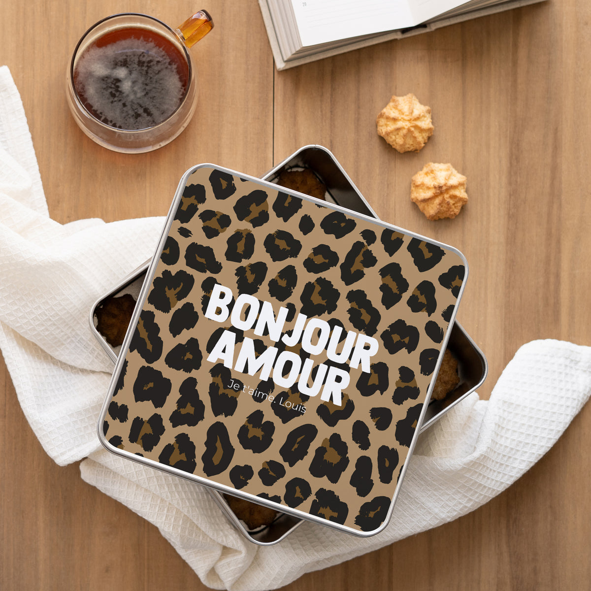 Boite métallique Objets Carrée Bonjour amour léopard photo