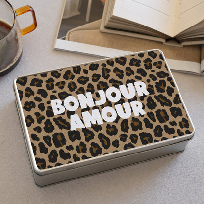 Boite métallique rectangle, garnie de chocolats Bonjour amour léopard photo N° 2