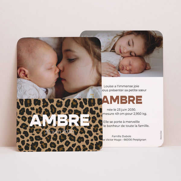 Faire-part Naissance Portrait, bords arrondis Full Léopard photo
