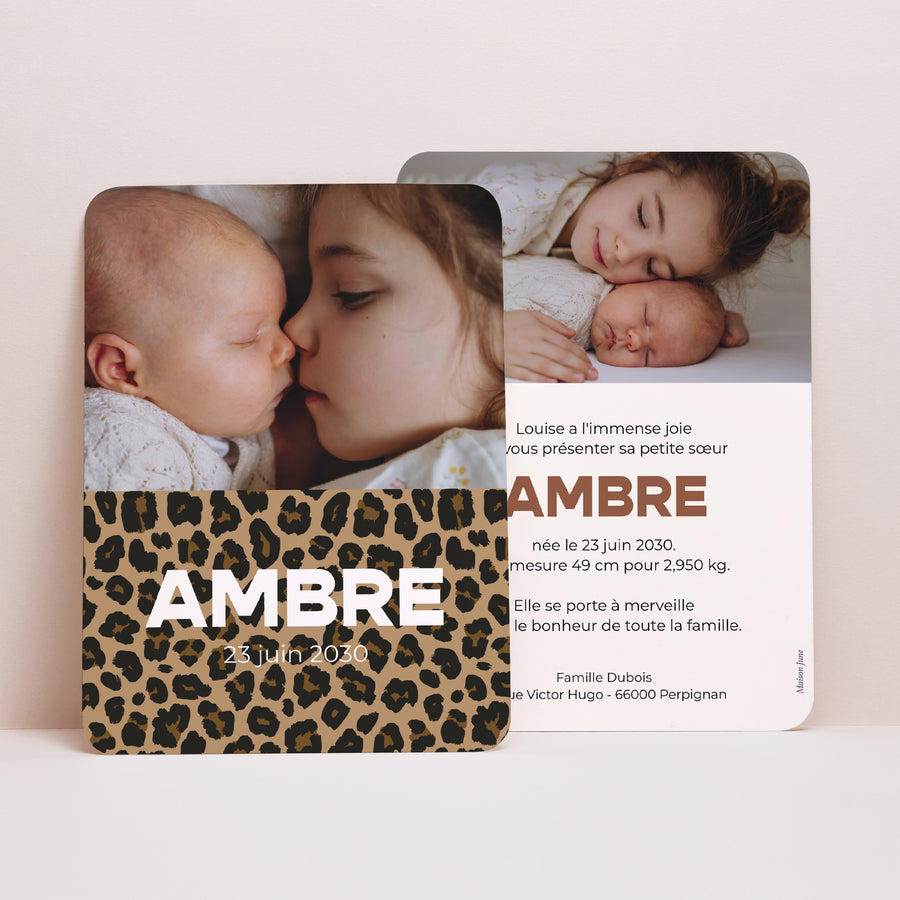 Faire-part Naissance Portrait, bords arrondis Full Léopard photo