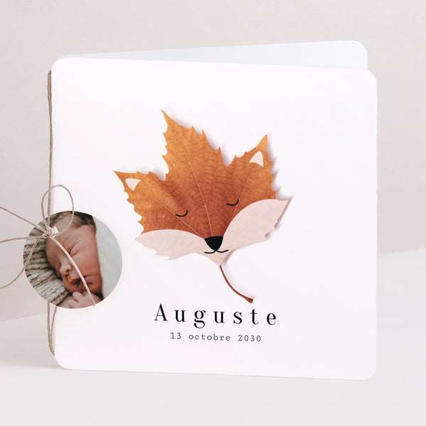 Faire-part Naissance Carré double volet, coins arrondis, étiquette ronde Red Fox photo