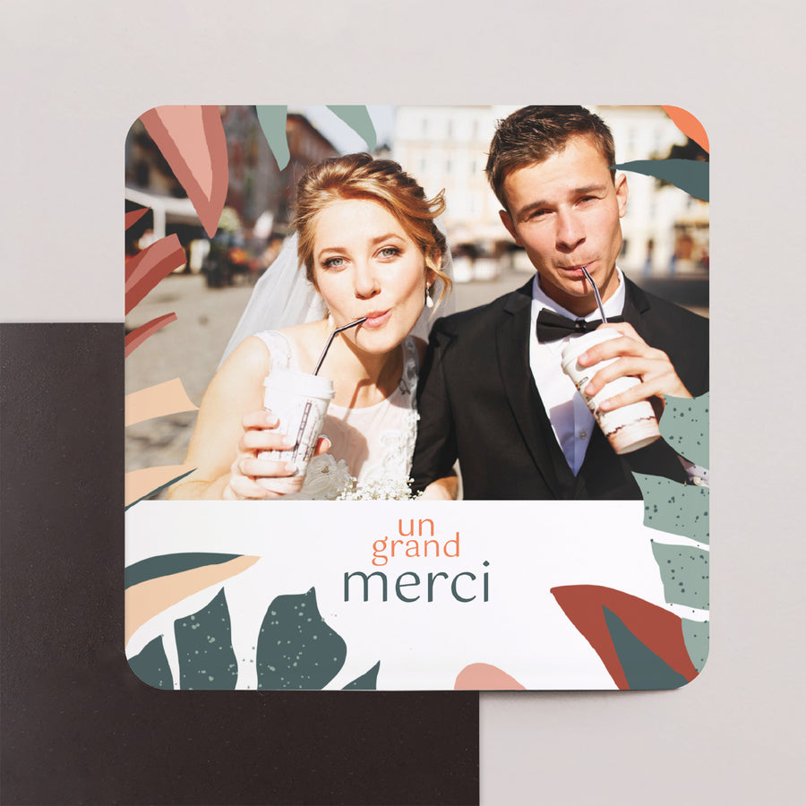 Remerciements Mariage Lot de 8, magnétique, carré coins arrondis Tropical love photo