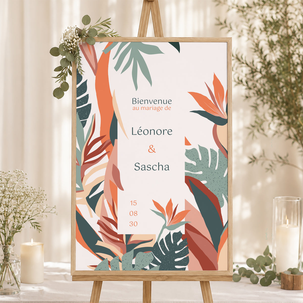 Panneau bienvenue Mariage Portrait 60 x 90 cm Tropical love photo N° 1