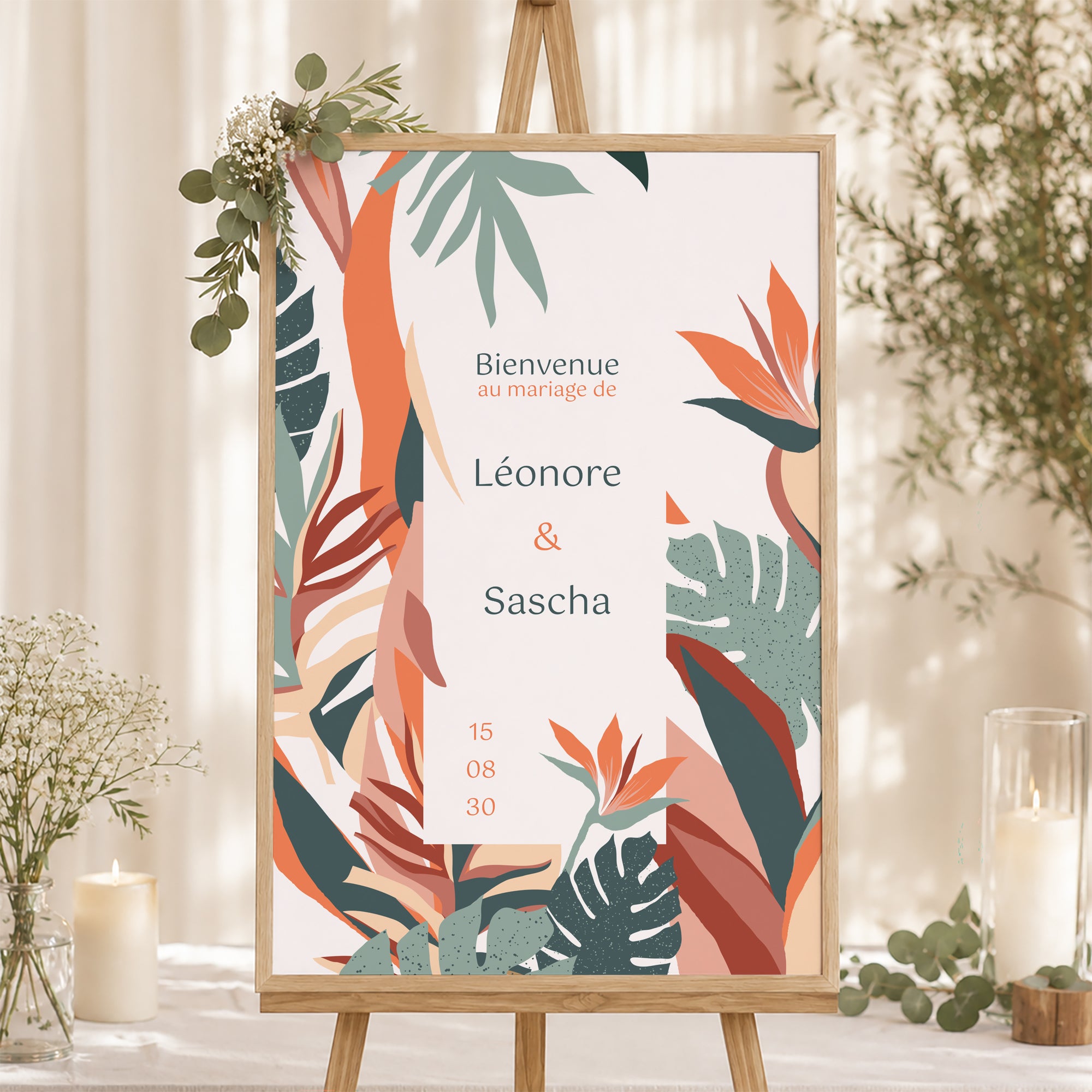Panneau bienvenue Mariage Portrait 60 x 90 cm Tropical love photo N° 1