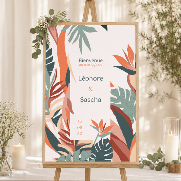 Panneau bienvenue Mariage Portrait 60 x 90 cm Tropical love photo