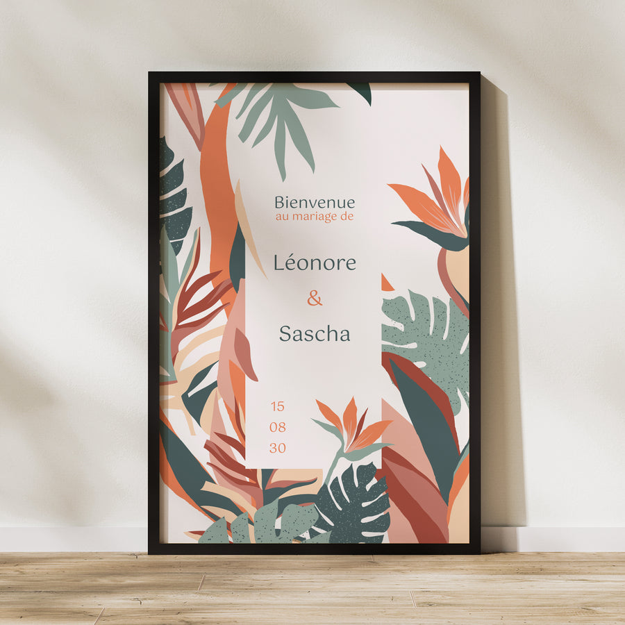 Panneau bienvenue Mariage Portrait 60 x 90 cm Tropical love photo