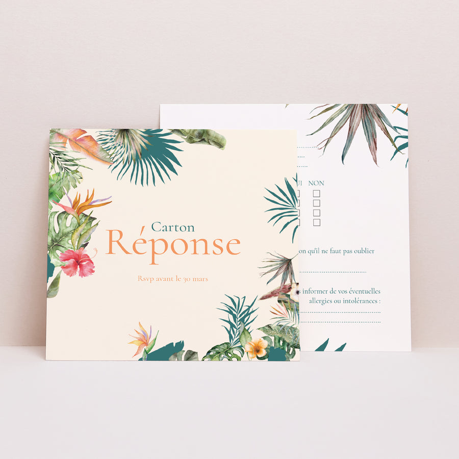 Carton réponse Mariage Carré Tropical wedding photo