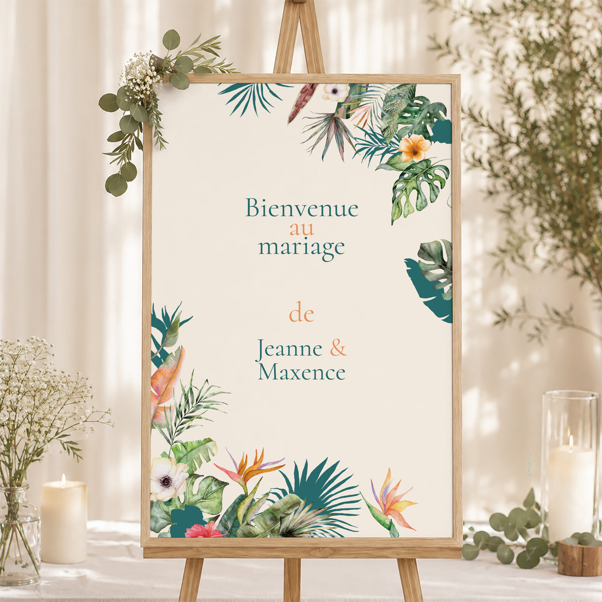 Panneau bienvenue Mariage Portrait 60 x 90 cm Tropical wedding photo N° 1