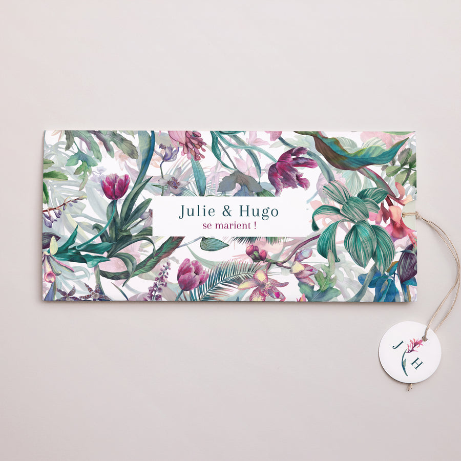 Faire-part Mariage Pochette 2 cartes, étiquette Exotic flowers photo