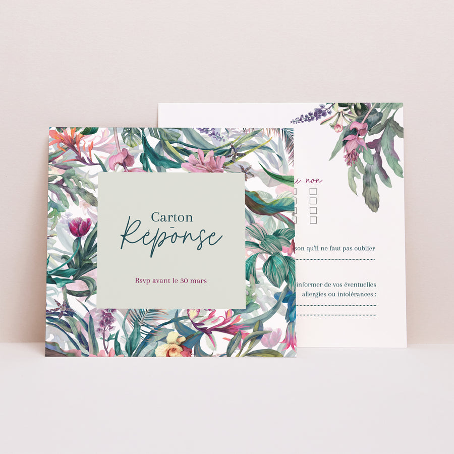 Carton réponse Mariage Carré Exotic flowers photo