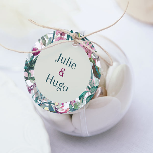 Boîte à dragées Mariage boule avec étiquette ronde Exotic flowers photo