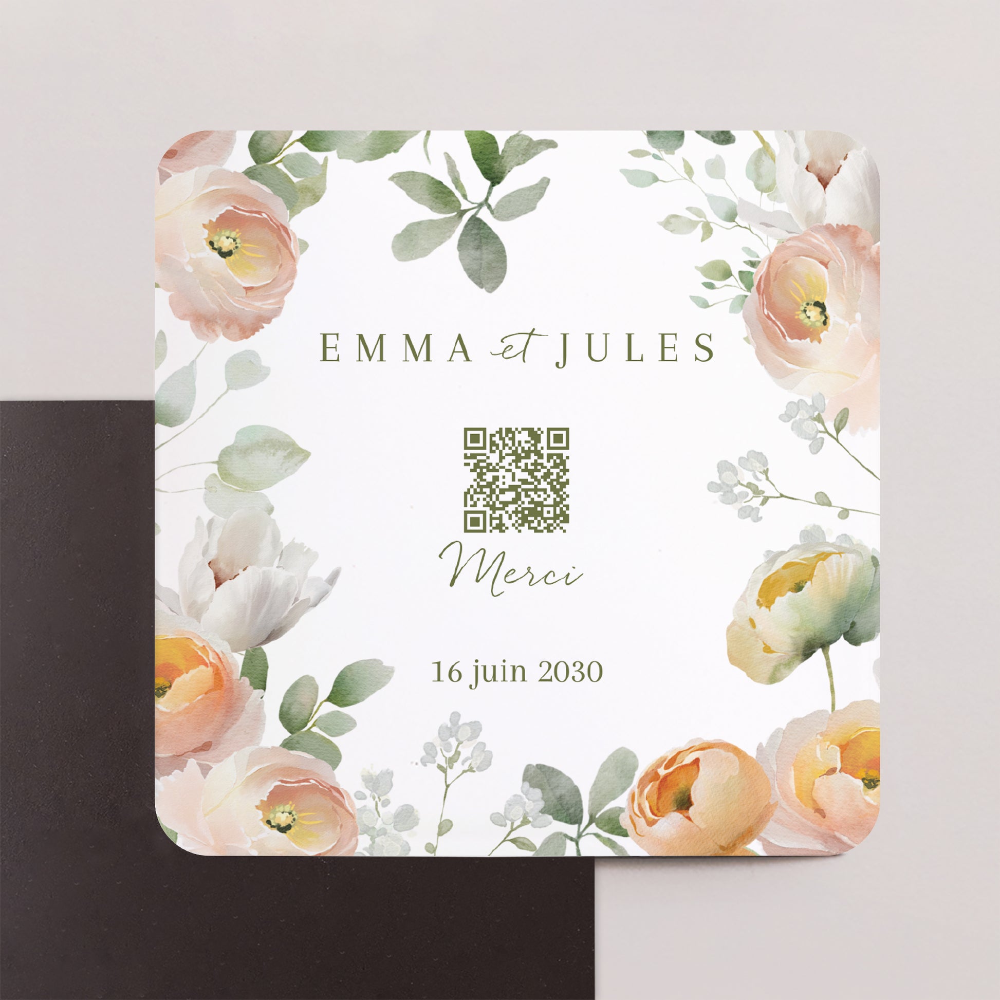 Remerciements Mariage Lot de 8, magnétique, carré coins arrondis Romantic flowers photo N° 1
