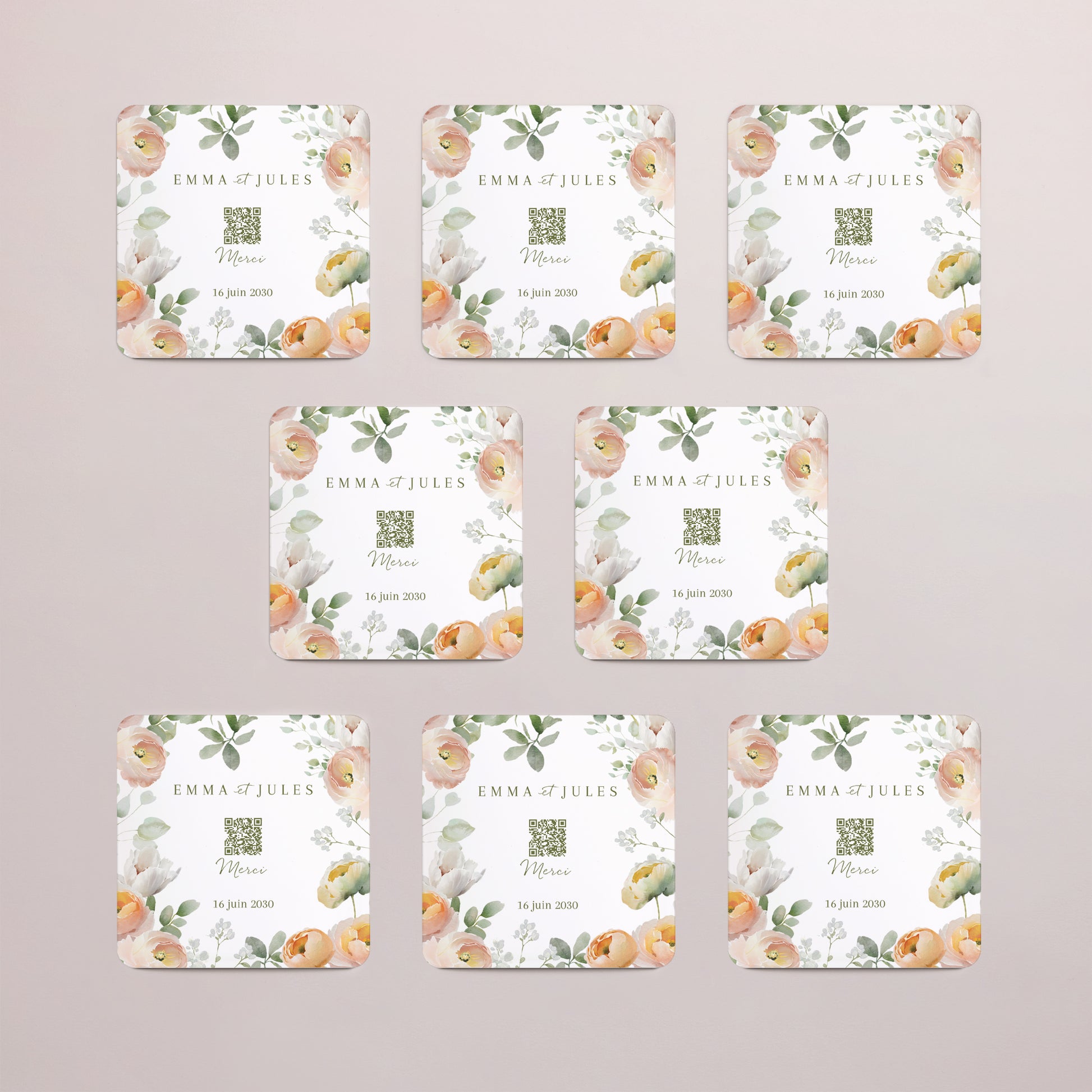 Remerciements Mariage Lot de 8, magnétique, carré coins arrondis Romantic flowers photo N° 3