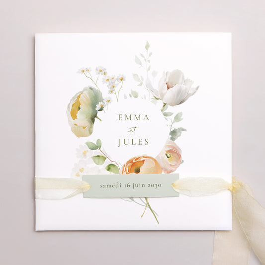 Faire-part Mariage Pochette carrée, 3 cartes, étiquette Romantic flowers photo