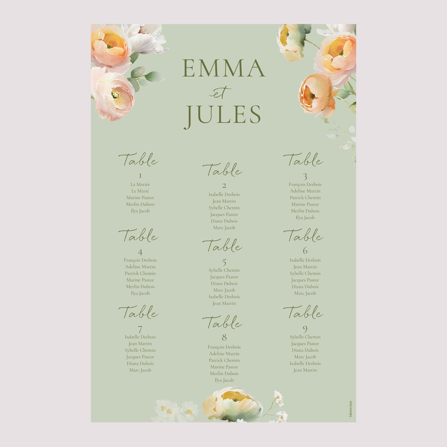 Plan de table Mariage Portrait 60 x 90 cm Romantic flowers photo N° 2