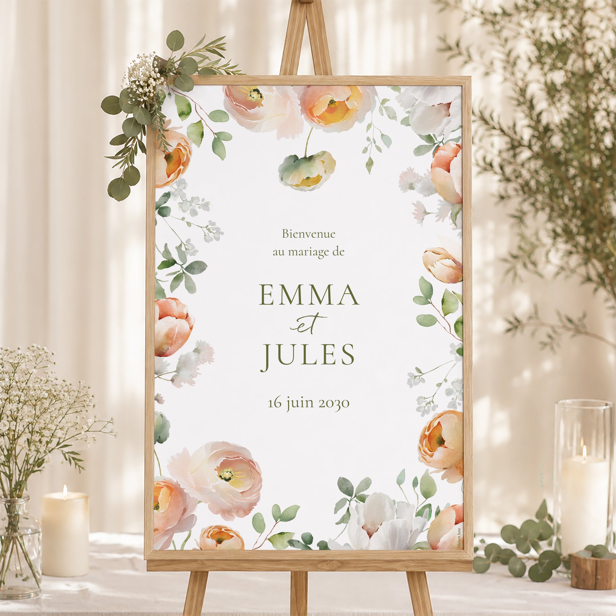 Panneau bienvenue Mariage Portrait 60 x 90 cm Romantic flowers photo N° 1