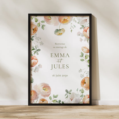 Panneau bienvenue Mariage Portrait 60 x 90 cm Romantic flowers photo N° 1