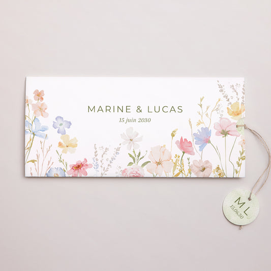 Faire-part Mariage Pochette 2 cartes, étiquette Couronne de fleurs sauvages photo