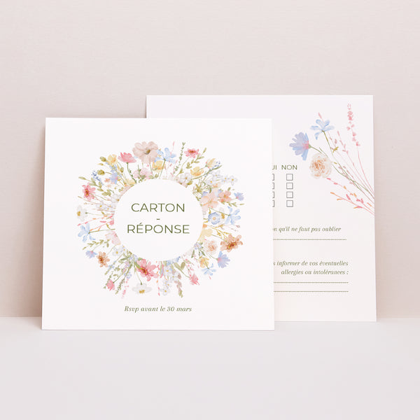 Carton réponse Mariage Carré Couronne de Fleurs Sauvages photo