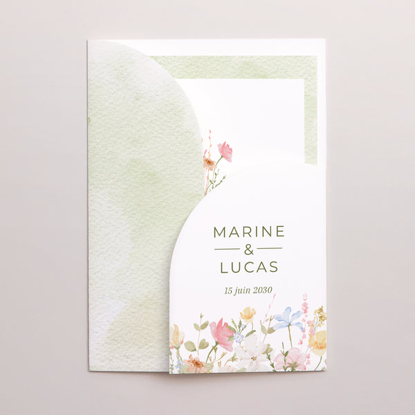 Faire-part Mariage Pochette 2 cartes Couronne de Fleurs Sauvages photo