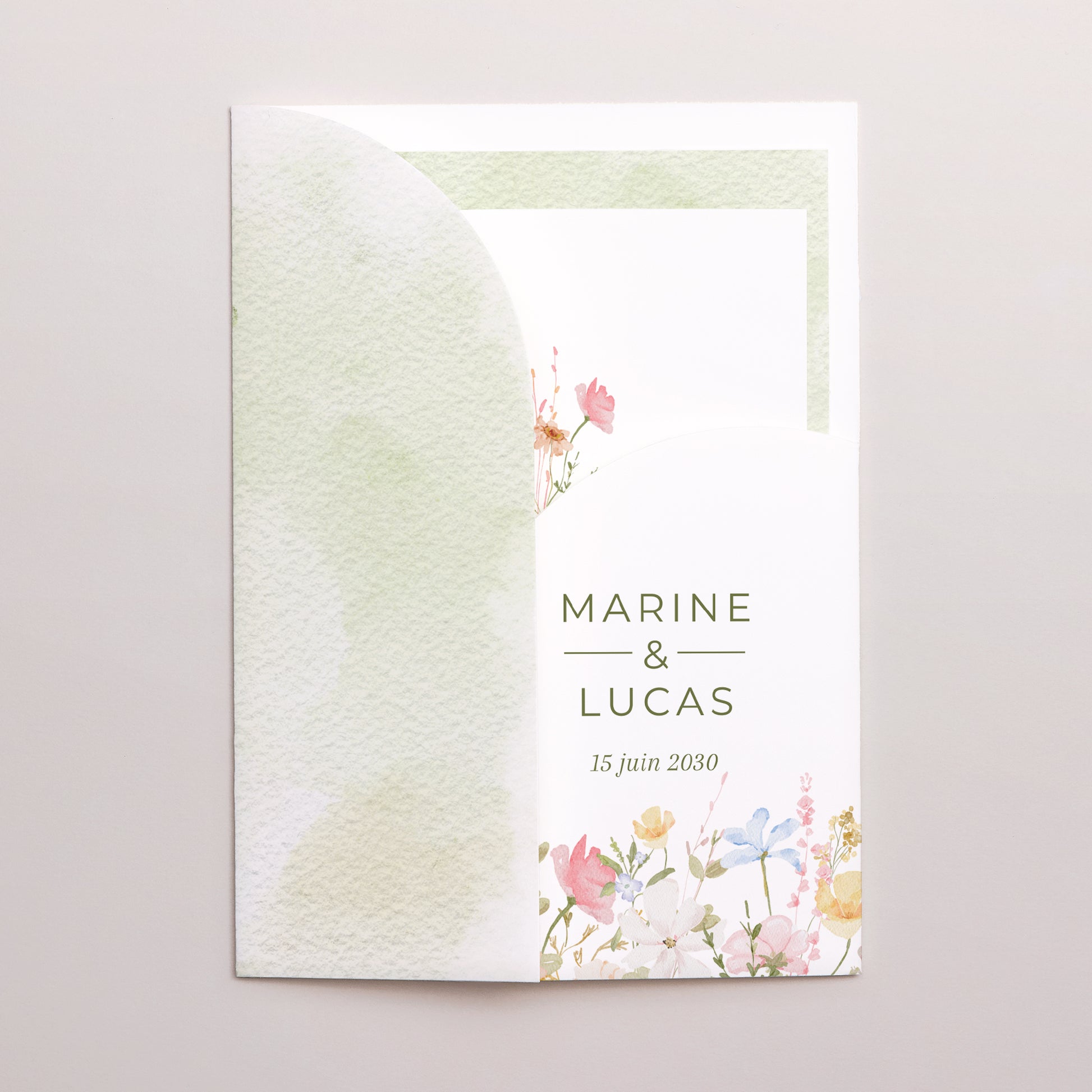 Faire-part Mariage Pochette 2 cartes Couronne de Fleurs Sauvages photo N° 2