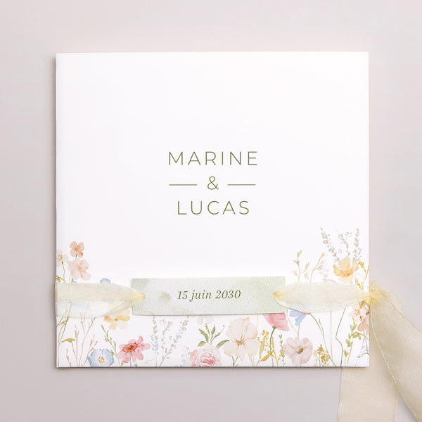 Faire-part Mariage Pochette carrée, 3 cartes, étiquette Couronne de Fleurs Sauvages photo