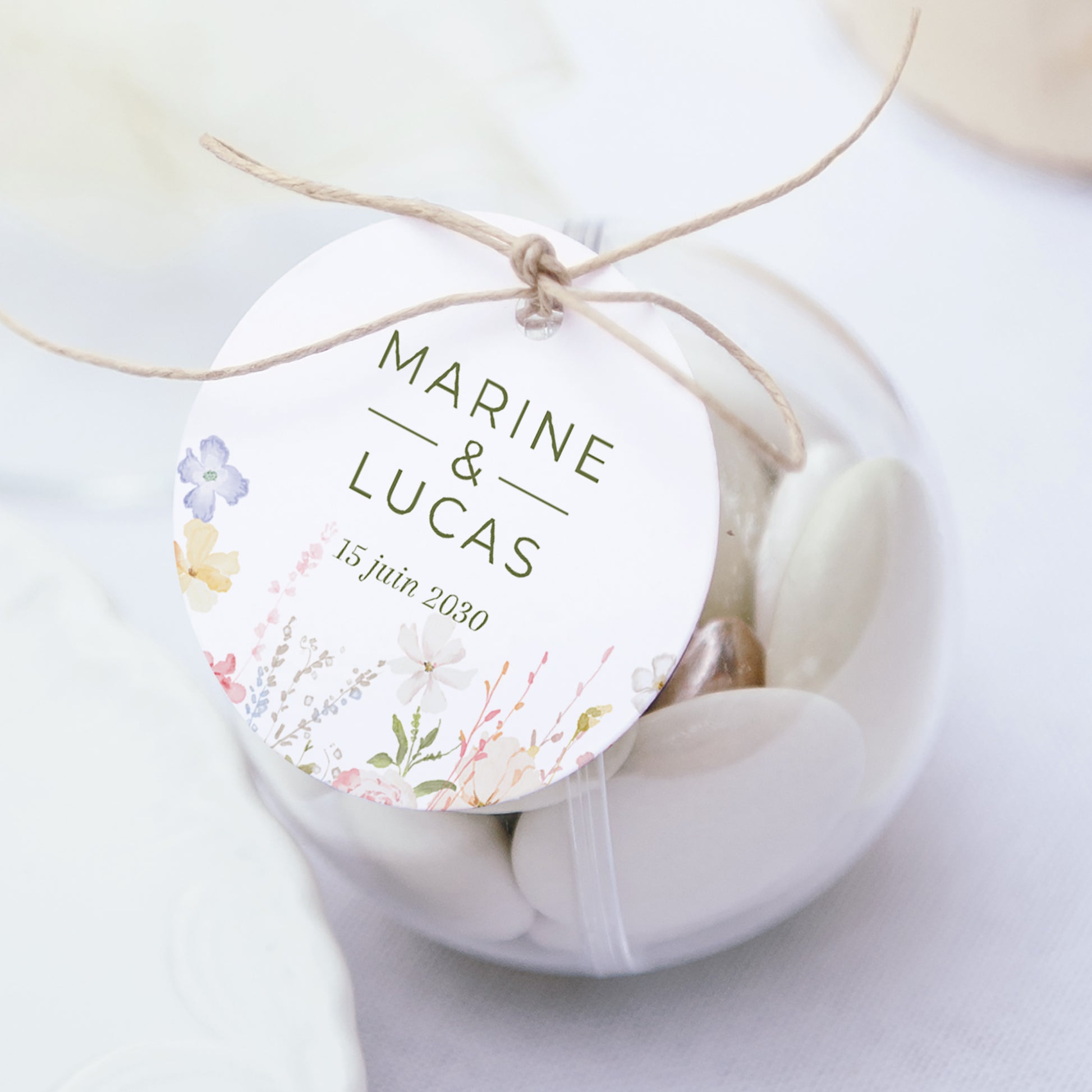 Boîte à dragées Mariage boule avec étiquette ronde Couronne de fleurs sauvages photo N° 1