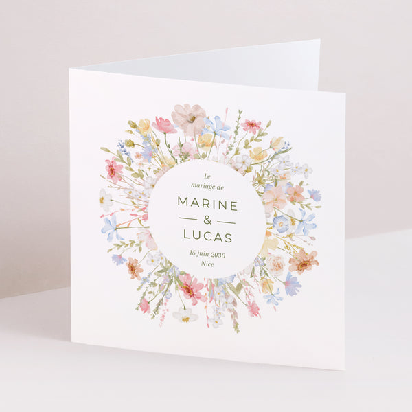 Faire-part Mariage Carré double volet Couronne de Fleurs Sauvages photo