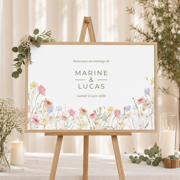 Panneau bienvenue Mariage Paysage 90 x 60 cm Couronne de Fleurs Sauvages photo
