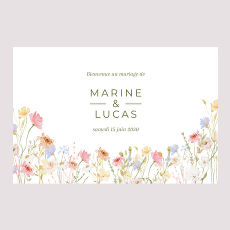 Panneau bienvenue Mariage Paysage 90 x 60 cm Couronne de Fleurs Sauvages