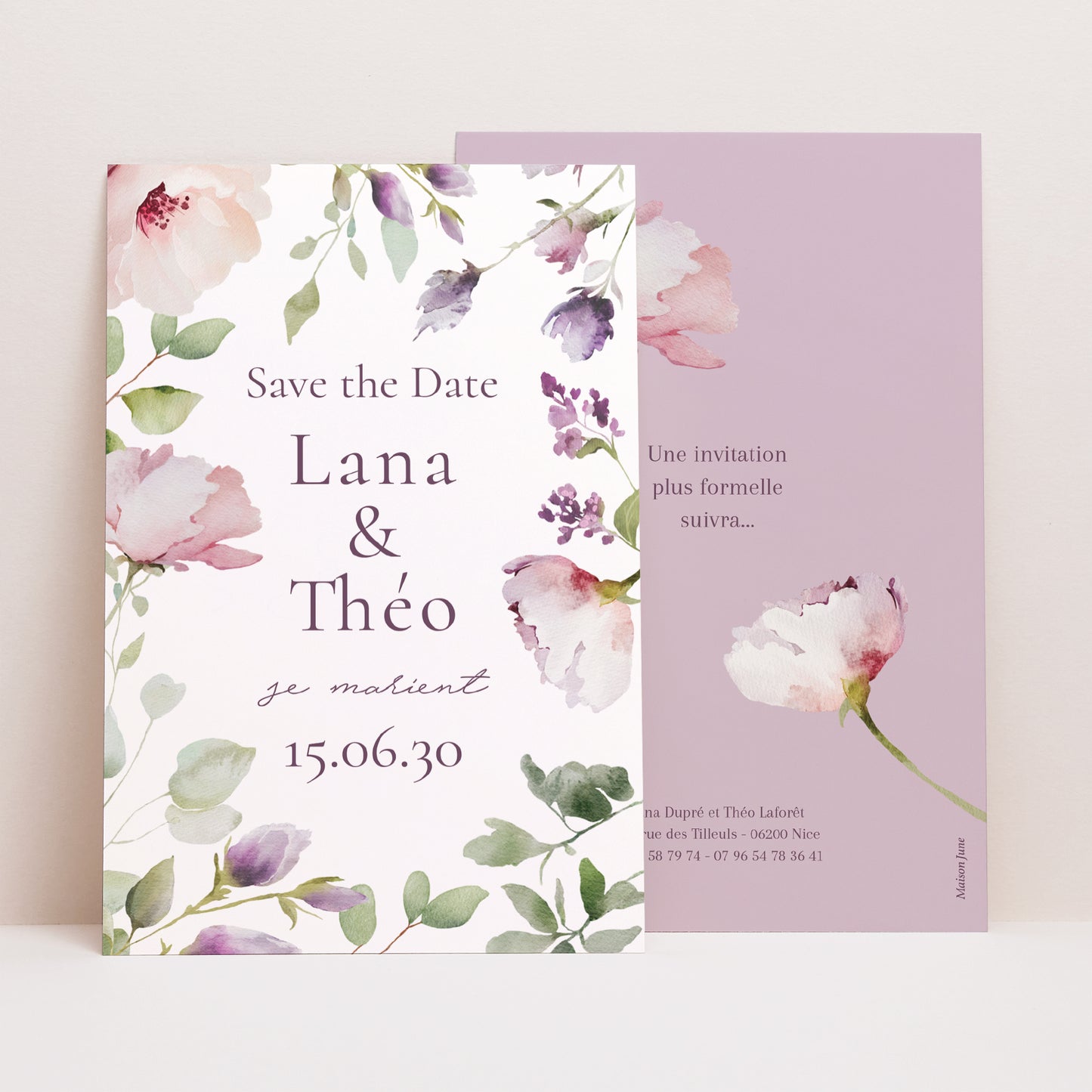 Save the date Mariage Portrait Romantic purple flowers photo N° 1