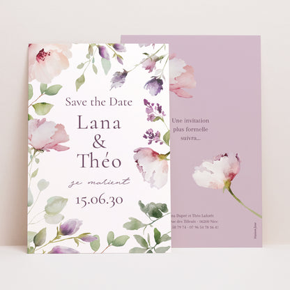 Save the date Mariage Portrait Romantic purple flowers photo N° 1