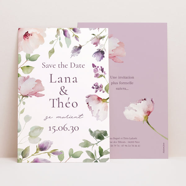 Save the date Mariage Portrait Romantic purple flowers photo