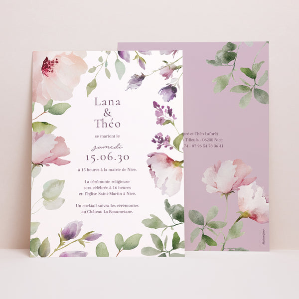 Faire-part Mariage Grand format rectangle Romantic purple flowers photo