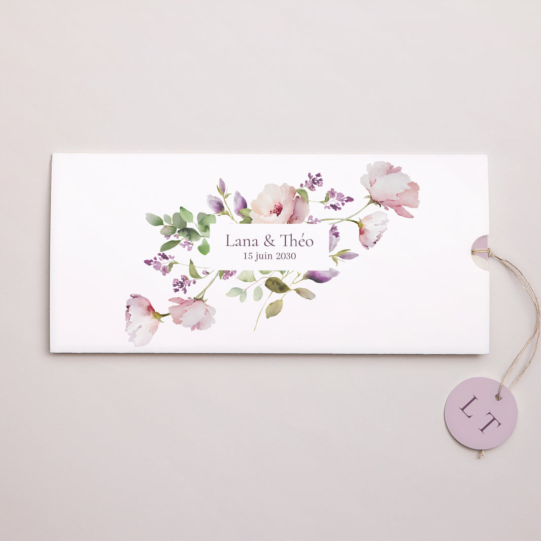 Faire-part Mariage Pochette 2 cartes, étiquette Romantic purple flowers photo N° 1