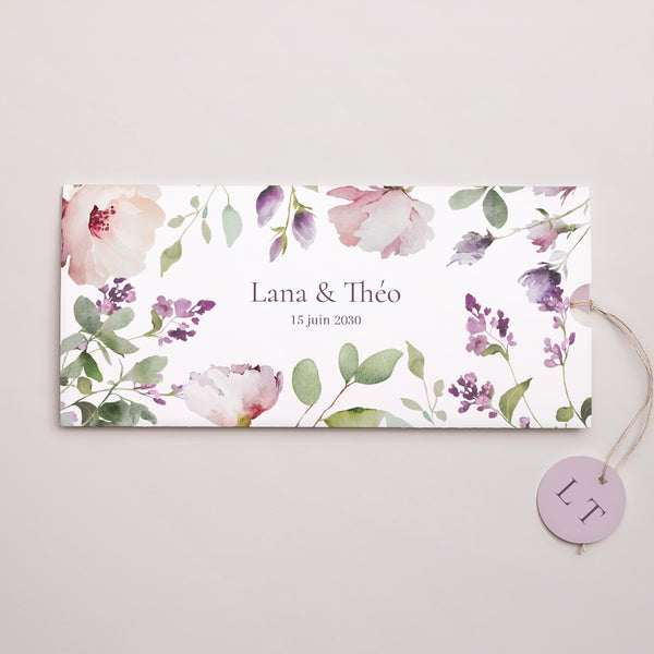 Faire-part Mariage Pochette 2 cartes, étiquette Romantic purple flowers photo