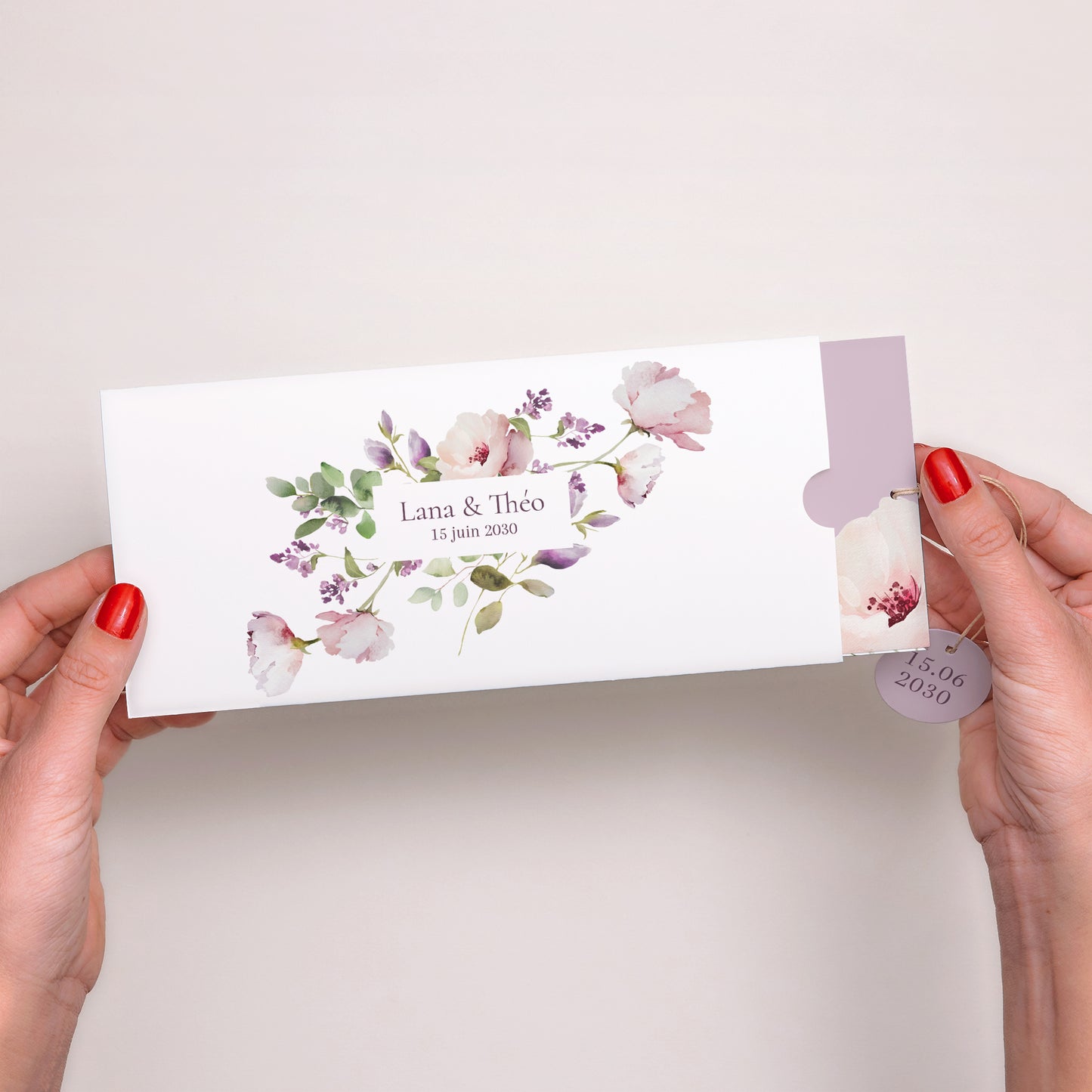 Faire-part Mariage Pochette 2 cartes, étiquette Romantic purple flowers photo N° 2