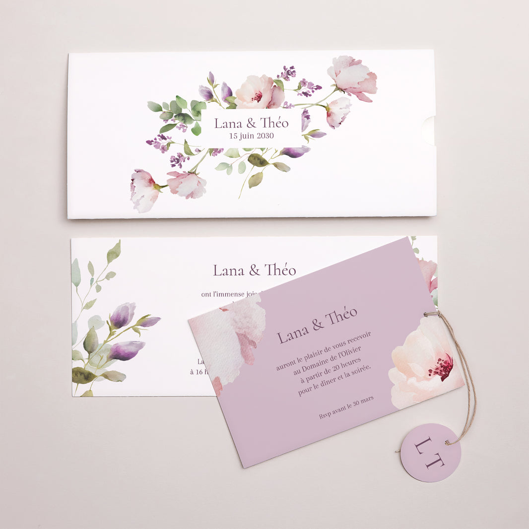 Faire-part Mariage Pochette 2 cartes, étiquette Romantic purple flowers photo N° 3