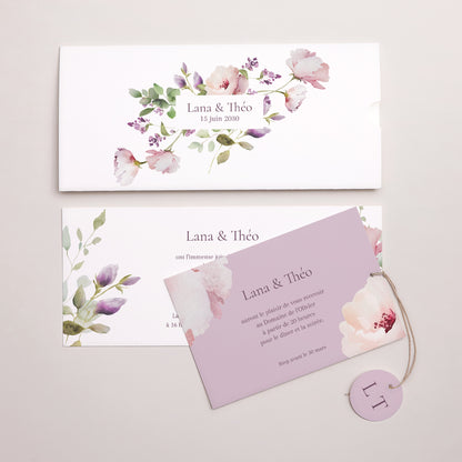 Faire-part Mariage Pochette 2 cartes, étiquette Romantic purple flowers photo N° 3