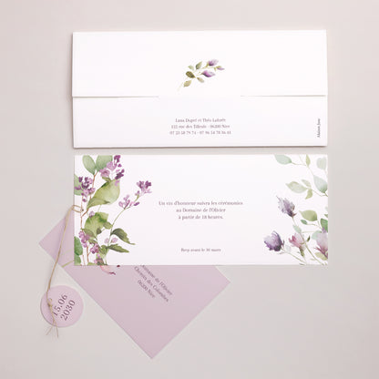 Faire-part Mariage Pochette 2 cartes, étiquette Romantic purple flowers photo N° 4