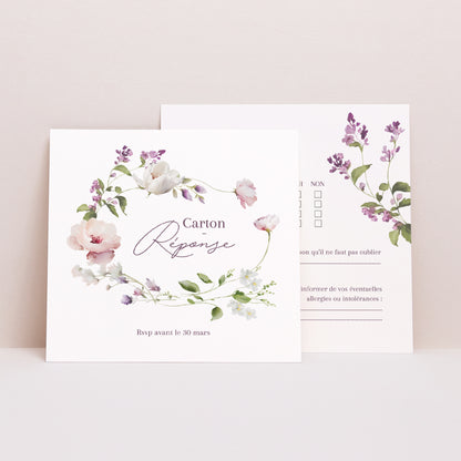 Carton réponse Mariage Carré Romantic purple flowers photo N° 1