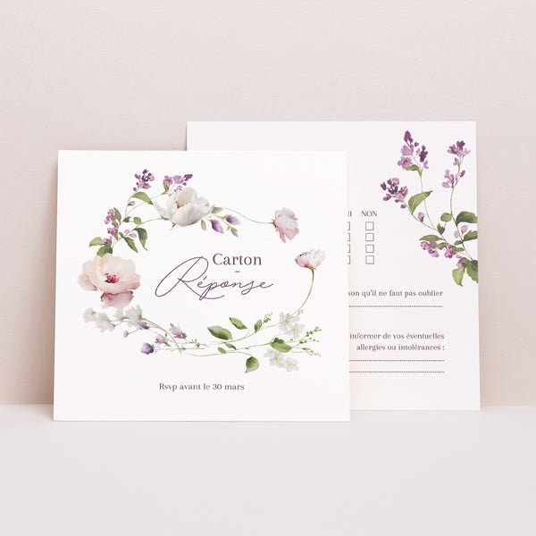 Carton réponse Mariage Carré Romantic purple flowers photo