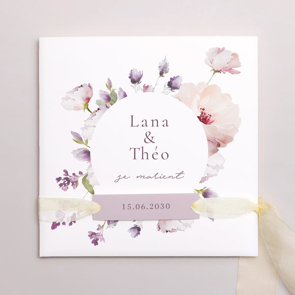Faire-part Mariage Pochette carrée, 3 cartes, étiquette Romantic purple flowers photo