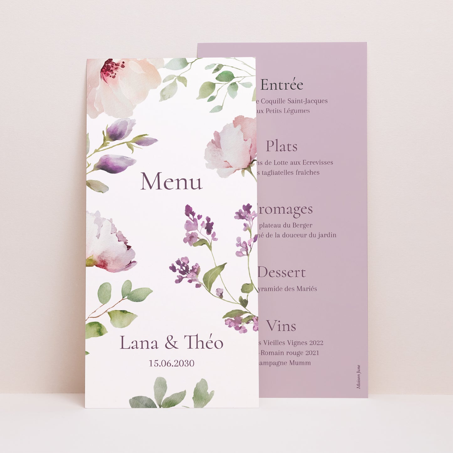 Menu Mariage Panoramique portrait Romantic purple flowers photo N° 1