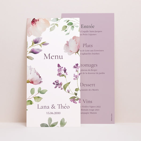 Menu Mariage Panoramique portrait Romantic purple flowers photo